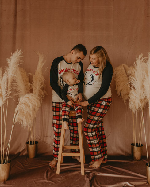 家庭照片会议在工作室的米色背景与花干芦苇图片下载