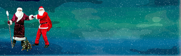 新年的拼贴画。两个圣诞老人带着一袋袋的礼物在雪地上的圣诞树旁相遇了。图片下载