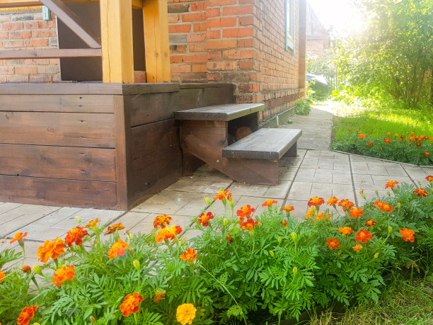 在一个阳光明媚的夏日里，一个乡村别墅里有台阶的棕色木制门廊图片下载