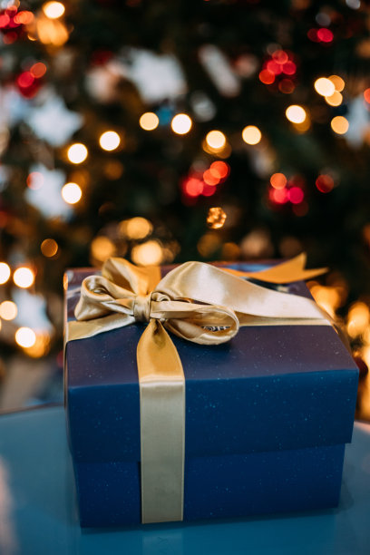 蓝色新年礼物与松树背景图片下载