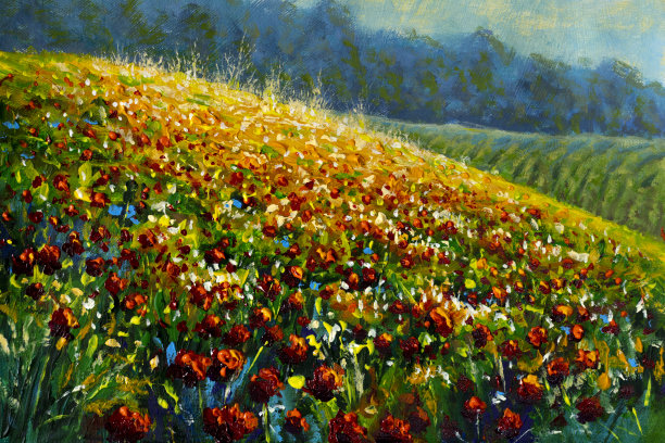 花卉画，莫奈的克劳德绘画，印象派的风景画，花草甸油画图片下载