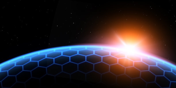 数字地球。世界随日出发光，视外太空。蓝色发光的六角形网格。全球网络与传播理念。图片下载