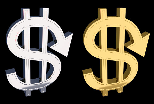金元和银元的符号以箭头的形式向下指向。美元的贬值。图片下载