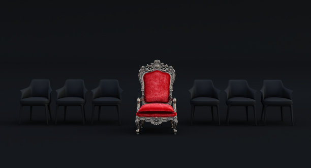 红色王座，黑色背景下的现代黑色扶手椅，领导理念，图片下载