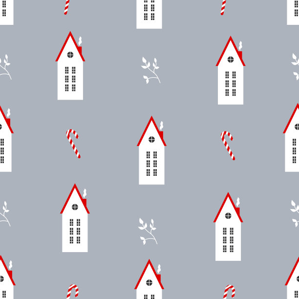 圣诞节无缝图案与斯堪的纳维亚的房子，植物，和糖果。图片下载