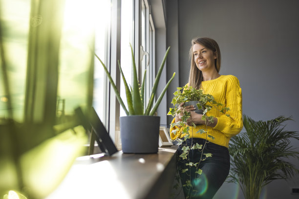 带着绿色植物和鲜花的女人看着窗户。图片下载
