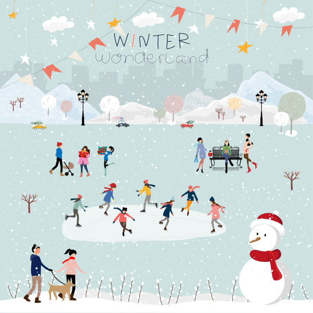 冬天的风景在夜晚与人们在新年做户外活动，圣诞节在村庄与人们庆祝，孩子玩溜冰，青少年滑雪与下雪图片下载