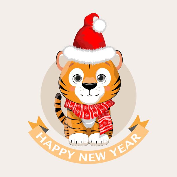 新年快乐贺卡。2022年老虎星座。可爱的小老虎戴着圣诞帽，在绿色的圆窗口挂着横幅新年快乐。动物的卡通人物。图片下载