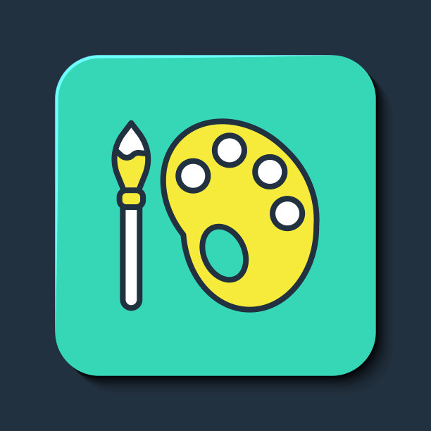 填充轮廓画笔与调色板图标孤立在蓝色背景。绿松石平方按钮。向量图片下载