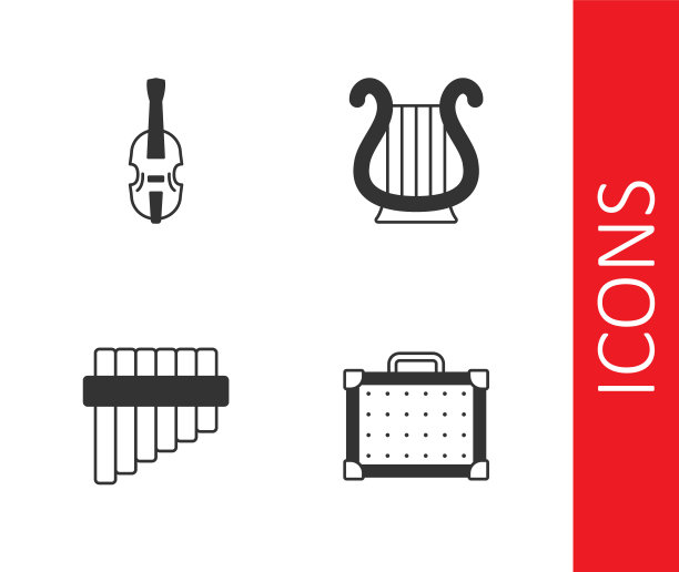 设置吉他放大器，小提琴，排箫和古希腊竖琴图标。向量图片下载