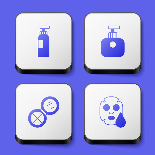 将洗发水，手霜，化妆粉与镜子和面部化妆面具的图标组合在一起。白色正方形按钮。向量图片下载