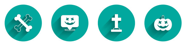 设置交叉的骨头，快乐的万圣节节日，墓碑与十字架和南瓜图标与长影子。向量图片下载