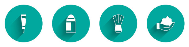 把霜或乳液化妆管，除臭剂卷，化妆刷和剃须泡沫与长阴影的图标。向量图片下载