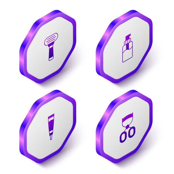 设置等距剃须刀，液体肥皂瓶，霜乳液化妆品管和睫毛夹图标。紫色的六角按钮。向量图片下载