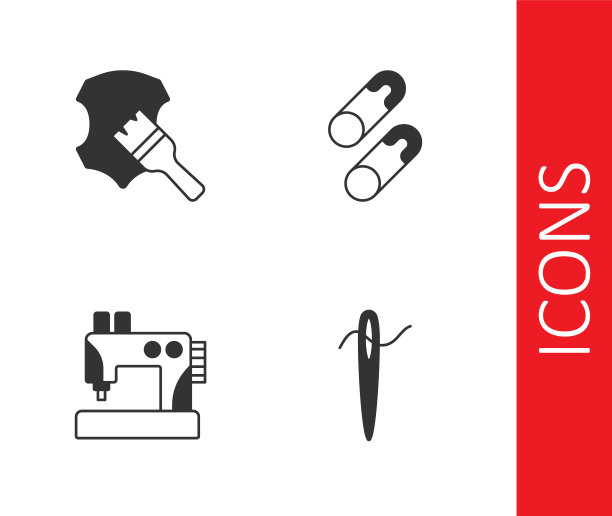 设置针缝纫与线，皮革，缝纫机和关闭钢安全别针图标。向量图片下载