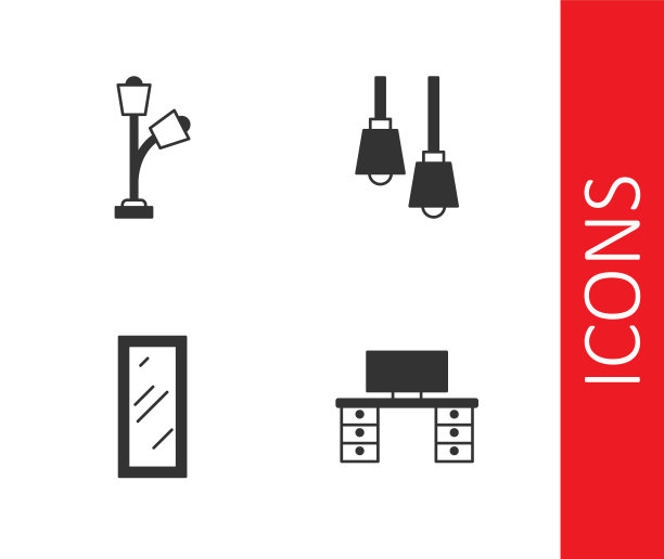 设置办公桌，落地灯，大镜子和灯挂图标。向量图片下载