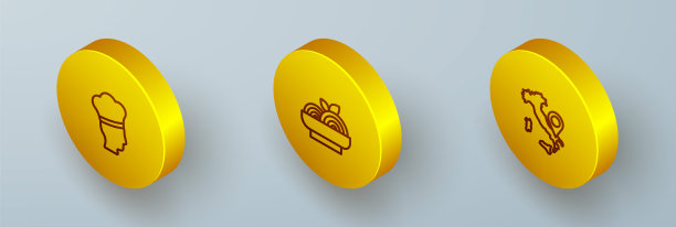 设置等距线意大利厨师，意大利面意大利面和意大利地图图标。向量图片下载