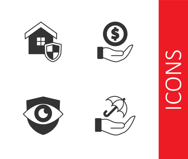 Set Umbrella in hand, House with shield, shield eye和Money图标。向量图片下载
