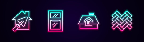 用抹刀布置房子，房间内的窗户和镶木地板。发光的霓虹灯图标。向量图片下载