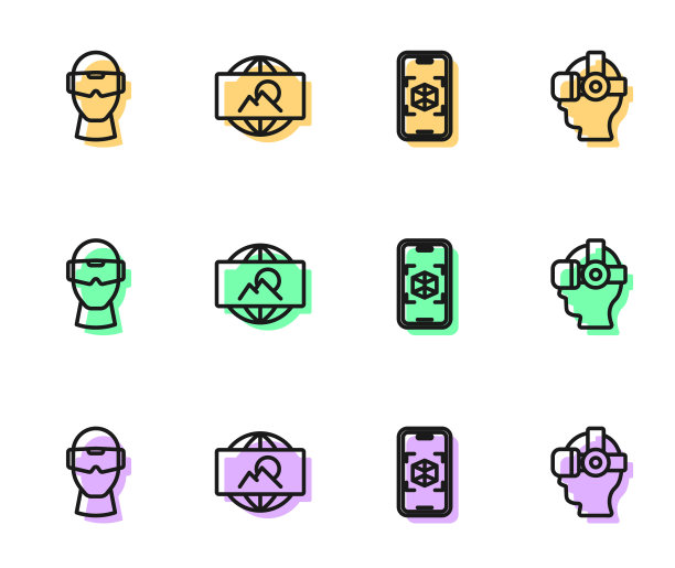 设置线三维建模，虚拟现实眼镜，广角图片和图标。向量图片下载