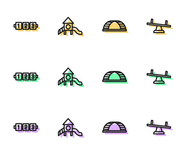 设置线猴杠，教育逻辑游戏，滑梯游乐场和跷跷板图标。向量图片下载