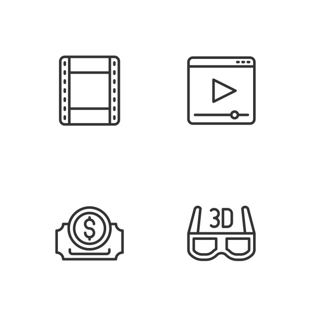 设置线3D影院眼镜，电影票，播放视频和在线播放图标。向量图片下载