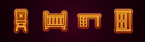 集线椅，婴儿床，摇篮床，办公桌和衣柜。发光的霓虹灯图标。向量图片下载