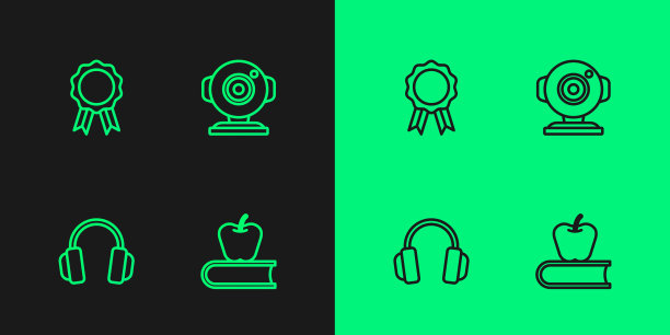 设置线书与苹果，耳机，在线教育文凭和网络相机图标。向量图片下载