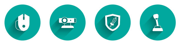 设置电脑鼠标，网络摄像头，游戏剑和齿轮移位图标长阴影。向量图片下载