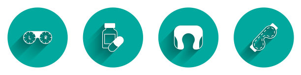 设置隐形眼镜容器，安眠药，旅行颈枕和眼睛睡眠面具图标与长阴影。向量图片下载