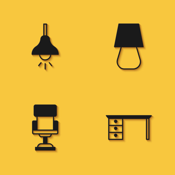 设置灯悬挂，办公桌，椅子和台灯图标与长影子。向量图片下载