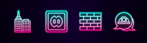 设置线城市景观，电源插座，砖和工人安全帽。发光的霓虹灯图标。向量图片下载