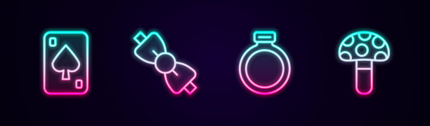 扑克牌，蝴蝶结，魔法石戒指和裸盖菇。发光的霓虹灯图标。向量图片下载