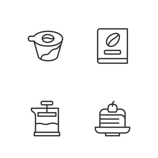 设置线一块蛋糕，法式压滤机，倒咖啡机和咖啡书图标。向量图片下载