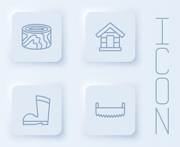 原木，狗窝，防水橡胶靴和双手锯。白色正方形按钮。向量图片下载