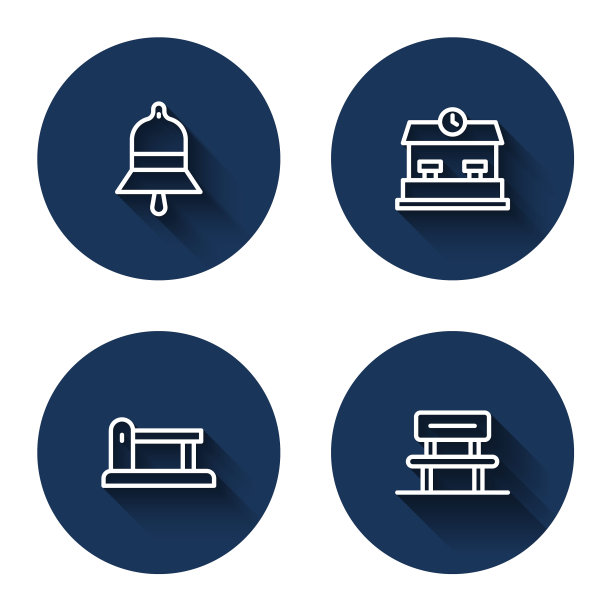 设置线车站铃声，铁路，屏障和等候大厅与长影。蓝色圆按钮。向量图片下载