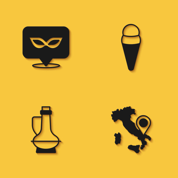 设置狂欢节面具，意大利地图，瓶橄榄油和冰淇淋在华夫饼图标与长阴影。向量图片下载