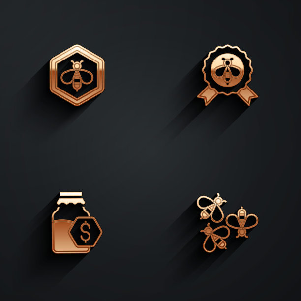 设置蜜蜂和蜂巢，最好的蜜蜂，销售的罐子和蜜蜂图标与长影子。向量图片下载