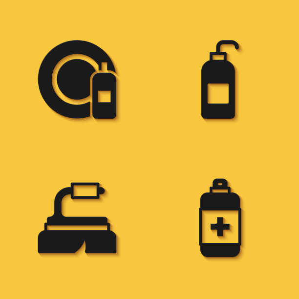 设置洗碗瓶和盘子，抗菌肥皂，刷清洁和图标与长影子。向量图片下载