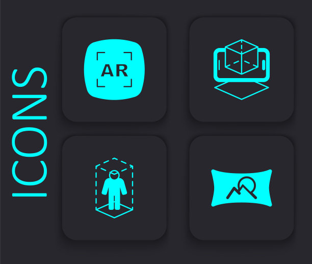 设置广角图片，增强现实AR, 3d建模和图标。黑色方形按钮。向量图片下载