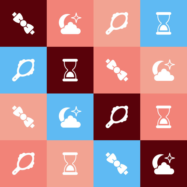 设置流行艺术蝴蝶结，月亮和星星，魔术手镜和旧沙漏图标。向量图片下载