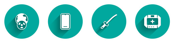 设置行星地球和辐射，手机，武士刀和急救箱图标与长阴影。向量图片下载