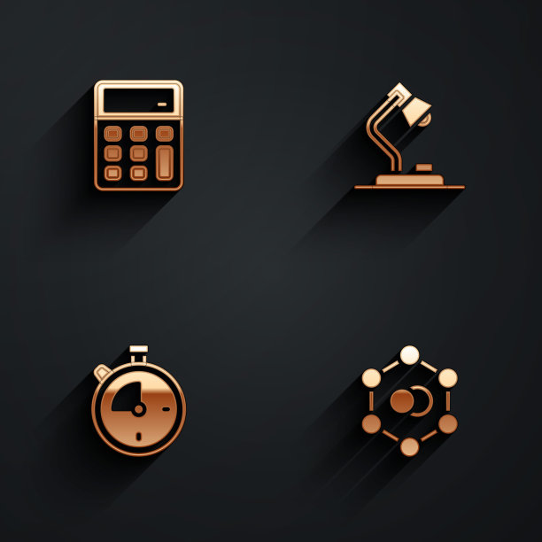 设置计算器，台灯，秒表和分子图标与长阴影。向量图片下载