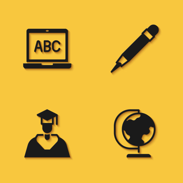 设置笔记本电脑，地球仪，毕业生和毕业帽和铅笔与橡皮图标与长阴影。向量图片下载