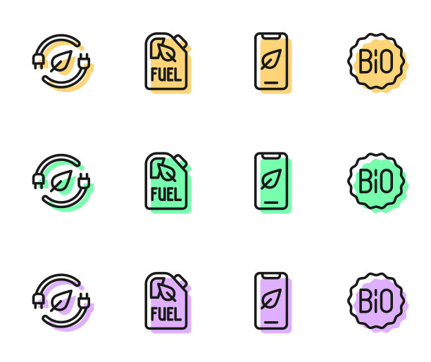 设置线移动电话与叶子，省电插头，生物燃料罐和横幅为生物图标。向量图片下载