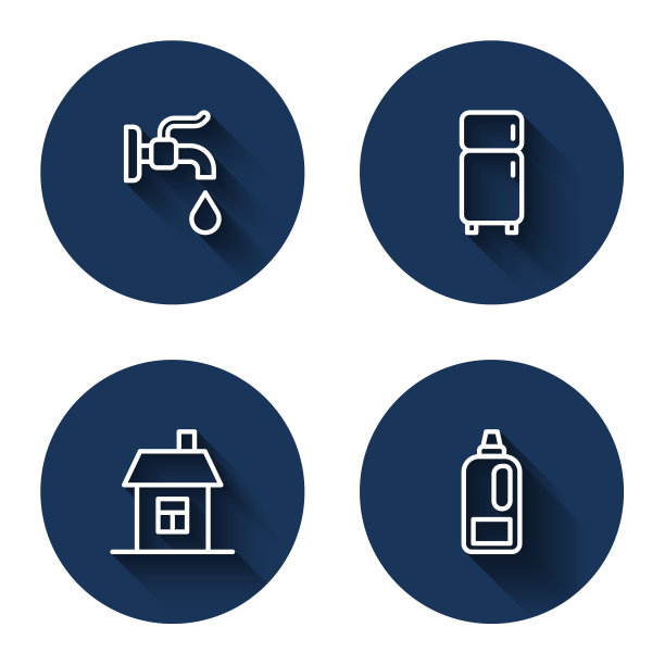 在水龙头，冰箱，房子和瓶子上设置有长阴影的洗涤剂。蓝色圆按钮。向量图片下载