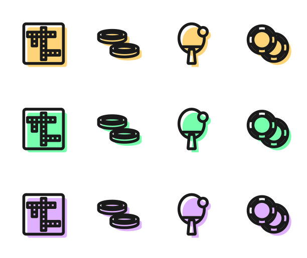 设置线球拍，纵横字谜，跳棋游戏芯片和赌场图标。向量图片下载