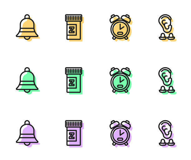 设置线闹钟，铃声，安眠药和耳塞和耳朵图标。向量图片下载