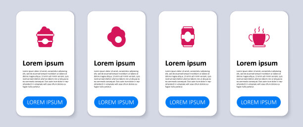 将一碗热汤，汽水罐，炒鸡蛋和爆米花装在纸箱里。业务信息模板。向量图片下载