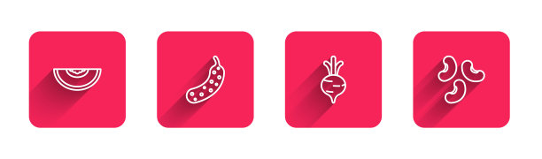 设置线瓜类水果，新鲜黄瓜，甜菜和豆类与长影子。红场按钮。向量图片下载